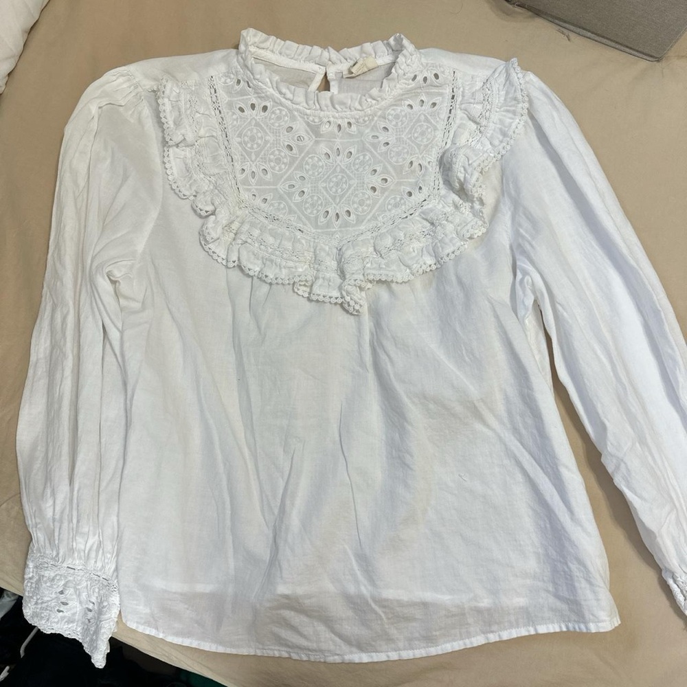 White Long Sleeve Ana Ruffle Bib Blouse